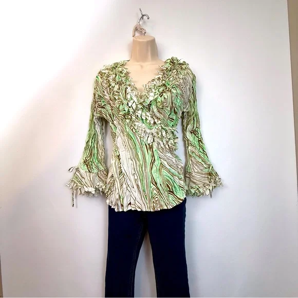 Piano Green Brown Crinkle Blouse - Picture 3 of 16